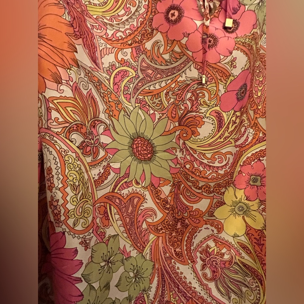 Talbots NWOT Silk 100% 1X Top Floral Paisley Hot pink orange lime 3/4 sleeve - Picture 9 of 16
